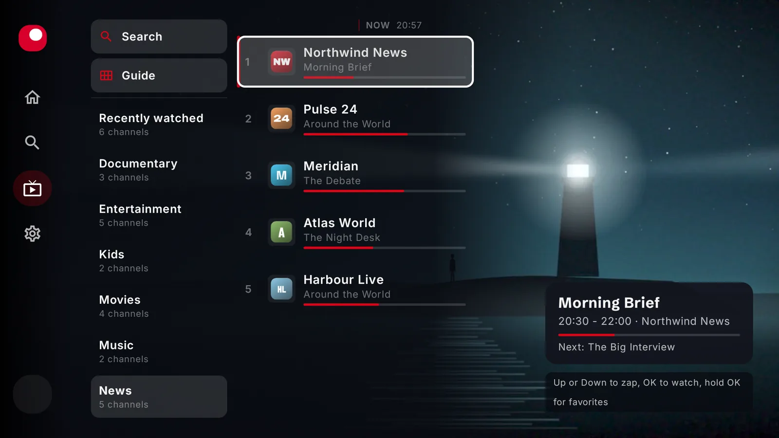 BoTV live TV on a television: the channel groups, each channel with what is on now, and the programme card, laid over the picture.