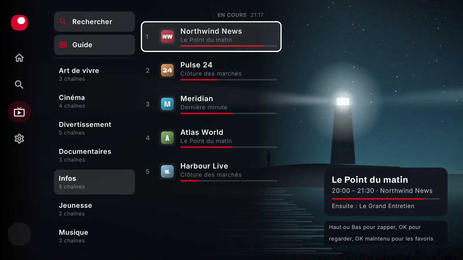 La Live TV de BoTV sur un téléviseur : les groupes de chaînes, chaque chaîne avec le programme en cours, et la fiche du programme, par-dessus l’image.