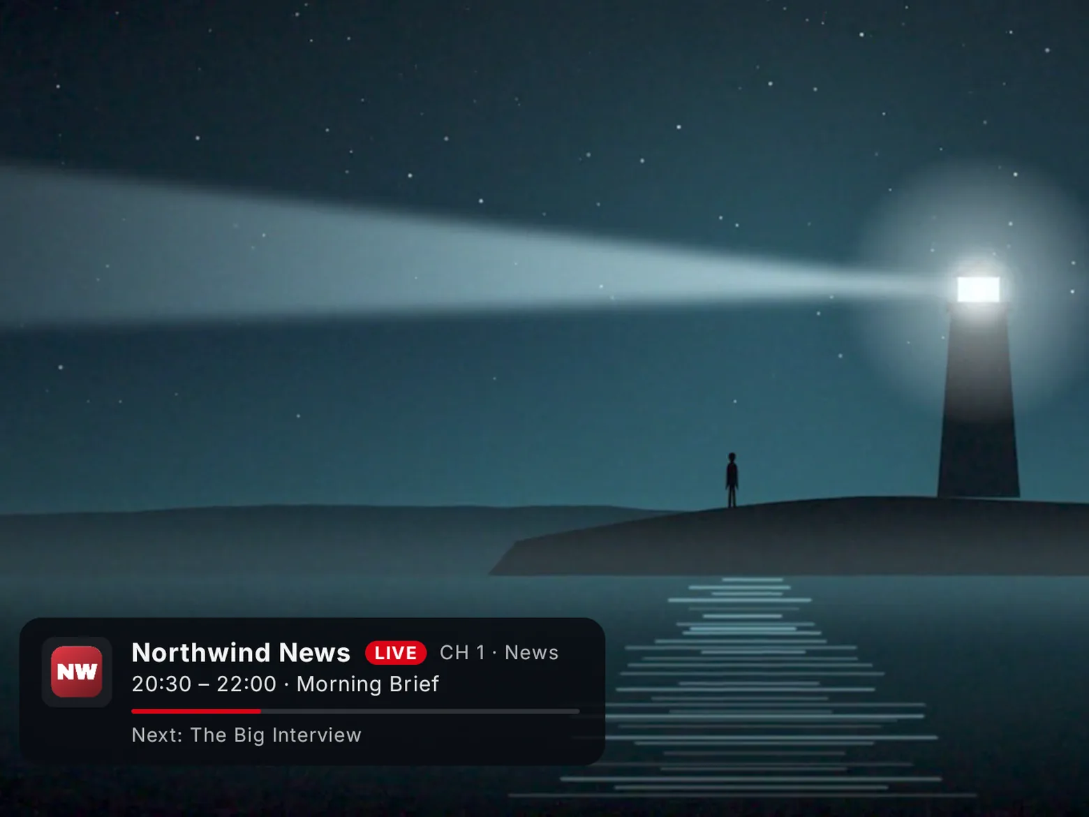 The BoTV live banner over the picture: channel name and number, the programme on air with its progress, and the one that follows.