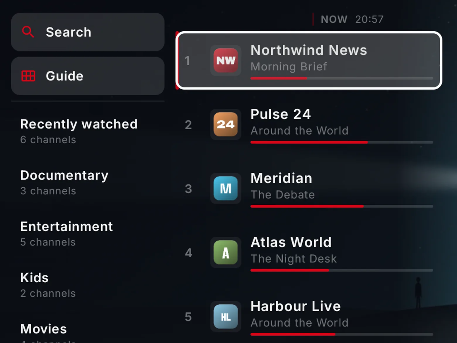The BoTV channel panel over the live picture: the Search and Guide shortcuts, the channel groups, and each channel with the programme on air and its progress.