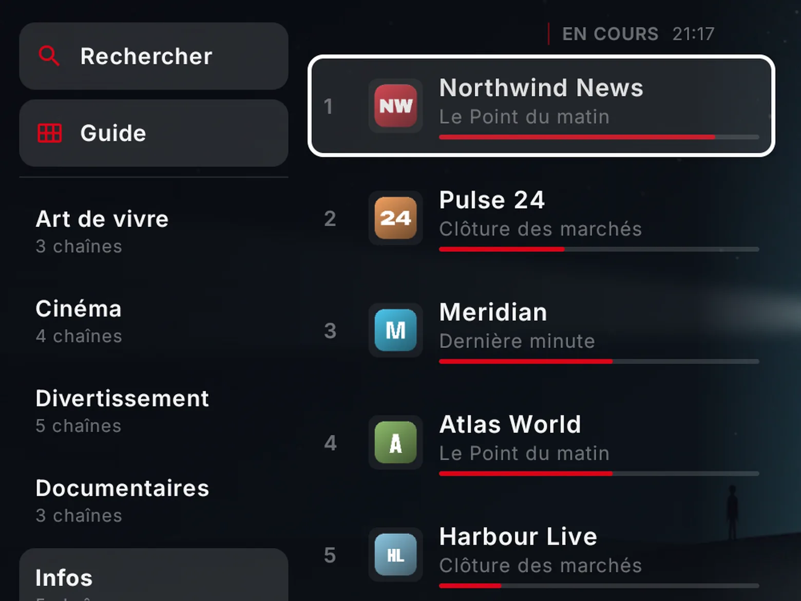 Le panneau des chaînes de BoTV par-dessus l’image : les raccourcis Rechercher et Guide, les groupes de chaînes, et chaque chaîne avec le programme à l’antenne et sa progression.